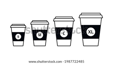 Black coffee cups different size set - s, m, l, xl. Vector illustration. Paper takeaway coffee cups in line style isolated on white background.