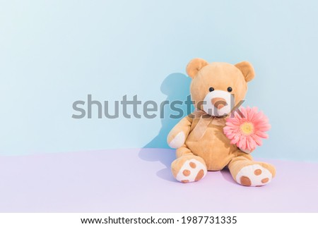 Birthday card. A newborn baby boy concept. Cute teddy bear sitting and hold beautiful blooming pink gerbera flower. Pastel purple and pastel blue background.