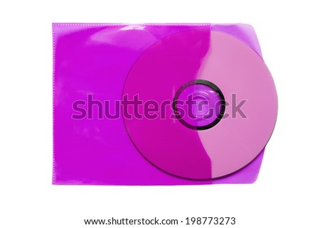 Blank pink CD in opened transparent envelope on white background