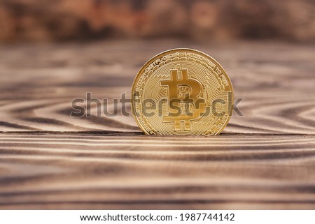 Bitcoin Cryptocurrency coins and Hong Kong Dollar banknotes. HKD BTC Virtual money. High quality photo