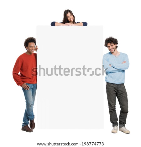 Young Happy Multiracial People With Sign Isolated On White Background