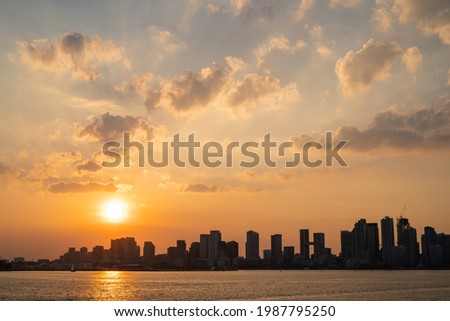 Toronto City Skyline at sunset from the ferry in Ontario Canada