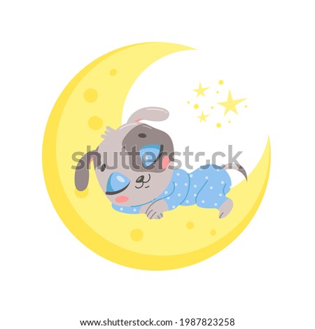 Illustration of a cute cartoon dog sleeping on the moon. Baby animals are sleeping.