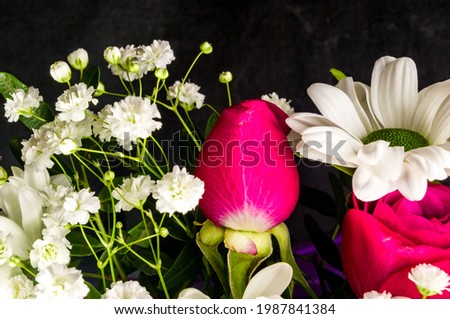 Background for a greeting card - beautiful gift bouquet of various blooming bright colorful decorative summer flowers