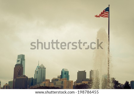 Philly Skyline with Flag and Water Feature.