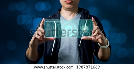Man holding shield icon as a Privacy Technology to protect and safe data on cyberspace network