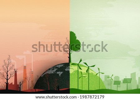 Global warming and climate change concept.Half world of polluted and green environment background.Paper art of ecology and environment concept.Vector illustration. Royalty-Free Stock Photo #1987872179