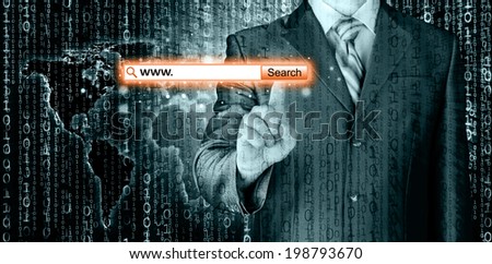 Businessman pushing virtual search bar