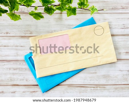 Two envelopes with windows and ivy bird's-eye view Royalty-Free Stock Photo #1987948679