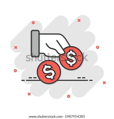 Remuneration icon in comic style. Money in hand cartoon vector illustration on white isolated background. Coin payroll splash effect business concept.