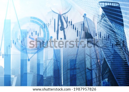 business global strategy icon,business woman with diagrams,financial charts and trading graphs on background of modern skyscrapers,economic success concept,double exposure