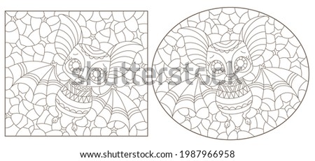 A set of contour illustrations in the style of stained glass with cartoon bats, dark outlines on a white background