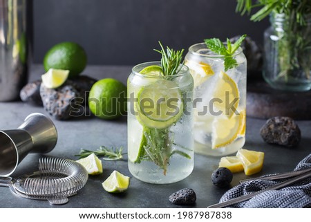 Hard seltzer cocktails with lime and lemon and bartenders accessories Royalty-Free Stock Photo #1987987838