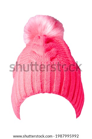   knitted red hat isolated on white background.hat with pompon .