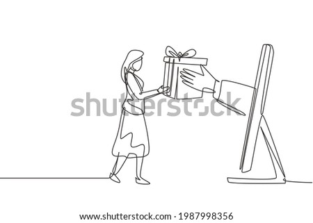 Single one line drawing young woman receives package box from large monitor screen and hands it over. E-shop, digital delivery concept. Modern continuous line draw design graphic vector illustration