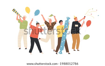 Happy people celebrating birthday party. Cheerful men and women rejoicing and having fun together. Holiday celebration concept. Colored flat vector illustration isolated on white background Royalty-Free Stock Photo #1988012786