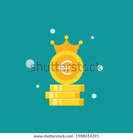 Golden euro coins stack with royal crown. Flat icon isolated on blue background.  Economy, finance, money pictogram. Wealth symbol.  Vector illustration.  Currency value, king, business winner, best.