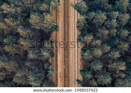 Rail rails on sleepers in the middle of a green forest in the evening in clear weather. Background on the theme of rail travel by train. Aerial overhead drone shot. Royalty-Free Stock Photo #1988037422