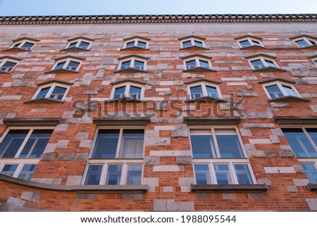 The brick facade of the national and university library of Ljubljana, Slovenia