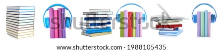 Books and modern headphones on white background