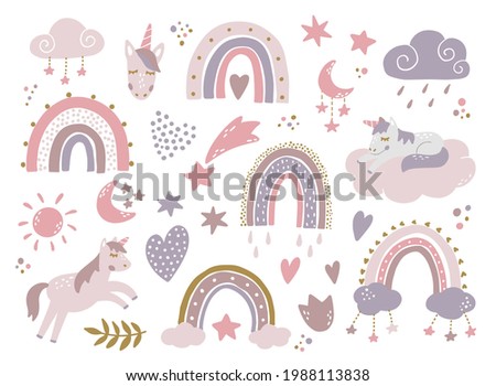nursery set of hand drawn elements, doodles, clip art, stickers. Isolated unicorns, rainbows, clouds, stars, etc are good for prints, cards, posters, kids apparel, sublimation design. EPS 10