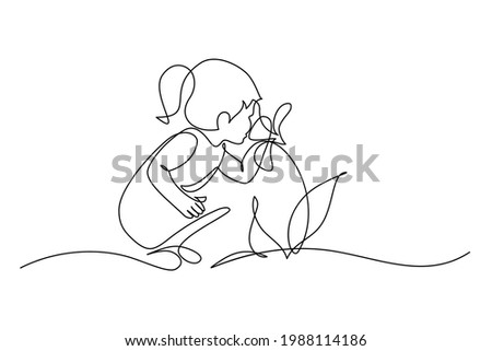 Child smelling flower in continuous line art drawing style. Small girl squatted down to sniff the fragrant flower. Black linear sketch isolated on white background. Vector illustration