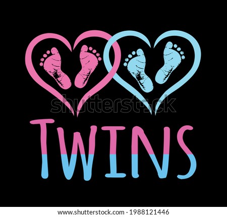 Footsteps stencil sign.Twins.Twin icon.Blue pink black vector baby footprints silhouette print design.Baby shower.New born.Heart frame shape.It's a girl,boy.Love symbol.Human footsteps in two hearts.
