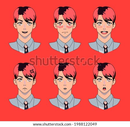 Anime avatar maker with set of different emotions. Cartoon male character template for animation or game design.