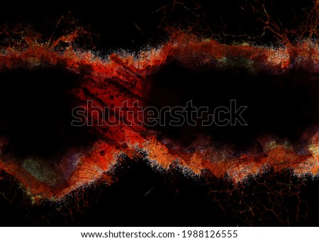 Dark black horror background with creepy cracked, scratched splashed horizontal orange red zone, background with texture and distressed grunge goth black stains	