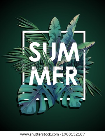 Summer banner, tropical invitation card background with palm leaves on black backdrop. Vector illustration