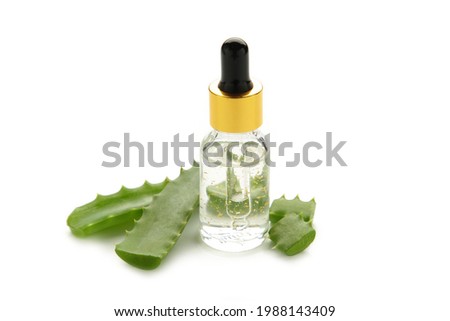 Aloe vera and oil bottle isolated on white background. Top view.