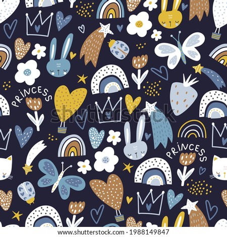 Seamless pattern with bunny , cat faces, hearts, crowns and rainbows. Creative childish texture. Great for fabric, textile Vector Illustration