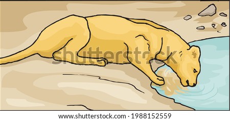 illustration of a lion drinking water from a pit