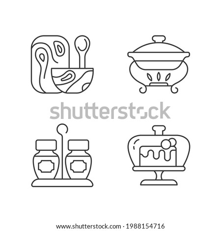 Modern tableware linear icons set. Wooden tableware for kitchen. Warming tray for meal. Chafing dish. Customizable thin line contour symbols. Isolated vector outline illustrations. Editable stroke