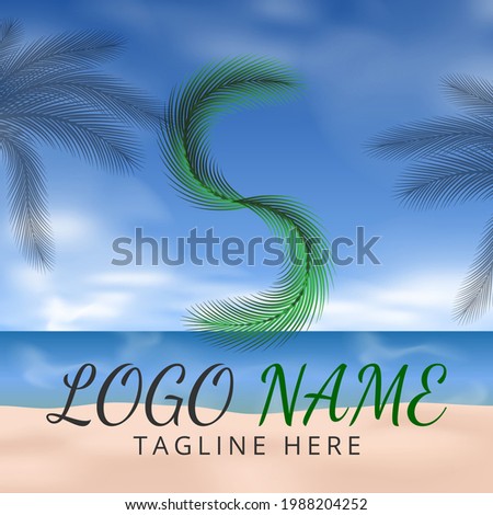 Letter S Logo Green tropical coconut leaf with creative summer concept
