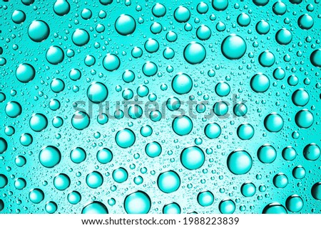 Rain window background. Water drops background. Wet glass surface texture. Bubble dew pattern. Transparent window green raindrops.