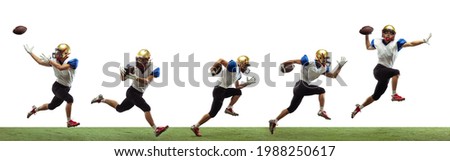American football player isolated on white studio background with copyspace. Professional sportsman during game playing in action, motion. Concept of sport, movement, achievements, attack development.