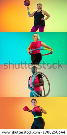 Collage of photos of plus-size woman with Ball isolated on green or yellow studio background. Concept of fitness, healthy lifestyle and beautiful body of people at gym. Slimming target