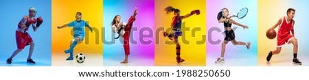 Soccer football, basketball, taekwondo, boxing and tennis. Collage of different little sportsmen in action and motion isolated on multicolored background in neon. Flyer. Sport for kids concept Royalty-Free Stock Photo #1988250650