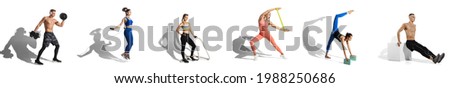 Sport collage of different young fit man and woman in action and motion over white studio background. Flyer. Concept of fitness, healthy lifestyle and beautiful body of people at gym