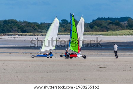 Sand yachting lessons on a beach in Finistère in Brittany. Royalty-Free Stock Photo #1988255162