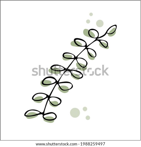 Abstract decorative and graphic element. Hand drawn twigs icon, doodle for social media story. Cute herbal detail for design decoration. Vector isolated on white background with light green splashes.