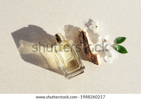 glass perfume bottle with sakura flowers, tree fragment and shadow on light background. Summer floral woody perfume concept. Royalty-Free Stock Photo #1988260217