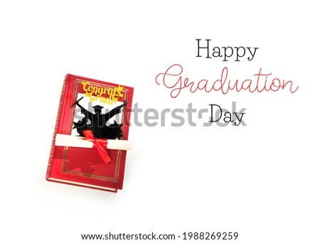 graduation background. Happy Graduation Day greeting day. Graduation diploma, book, paper silhouet of graduate student isolated on white background. 