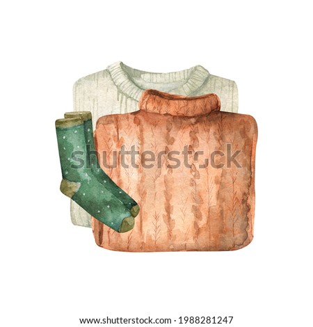 Watercolor cozy sweater and socks. Atmospheric autumn clip art. Perfect for card, logo, paper, textile and other design.