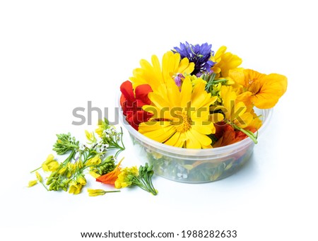 Edible flowers assortment. Many varieties of fresh flowers stored in a container, such as Calendula, Pansy, Rapini, Cornflower, Nasturtium, Kale and Arugula. Isolated on white. Selective focus. 