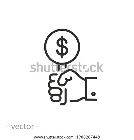 bid icon, auction, hand holding offer price, financial suggestion paddle, commercial market, bidding concept, thin line symbol on white background - editable stroke vector illustration eps10 Royalty-Free Stock Photo #1988287448