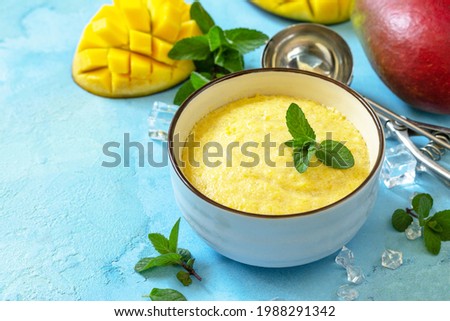 Ice cream, sweet snack or dessert. Homemade mango fruit ice cream, summer tropical fruit sorbet on a stone table. Copy space.
