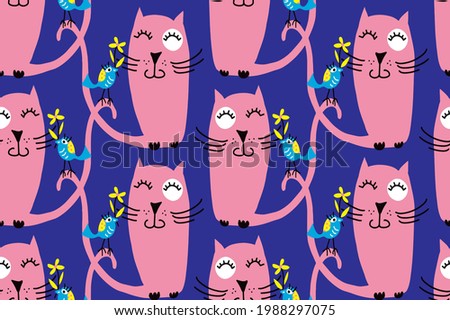 Abstract Hand Drawing Cute Cats and Birds Seamless Vector Pattern Isolated Background 
