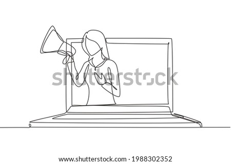 Single one line drawing young woman coming out of laptop screen holding megaphone. Offering product with discounts or sale. Marketing concept. Continuous line draw design graphic vector illustration
